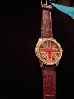 New Men’s Union Jack Dial Rhinestone Accent Watch - Burgundy Strap 9”